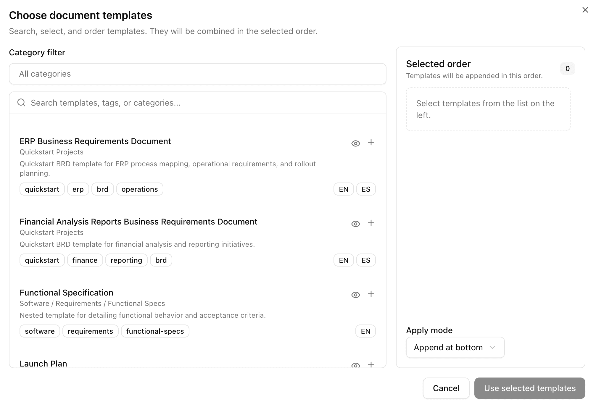Template picker for assembling a project's documents, listing ERP and financial requirements templates with the selected order alongside