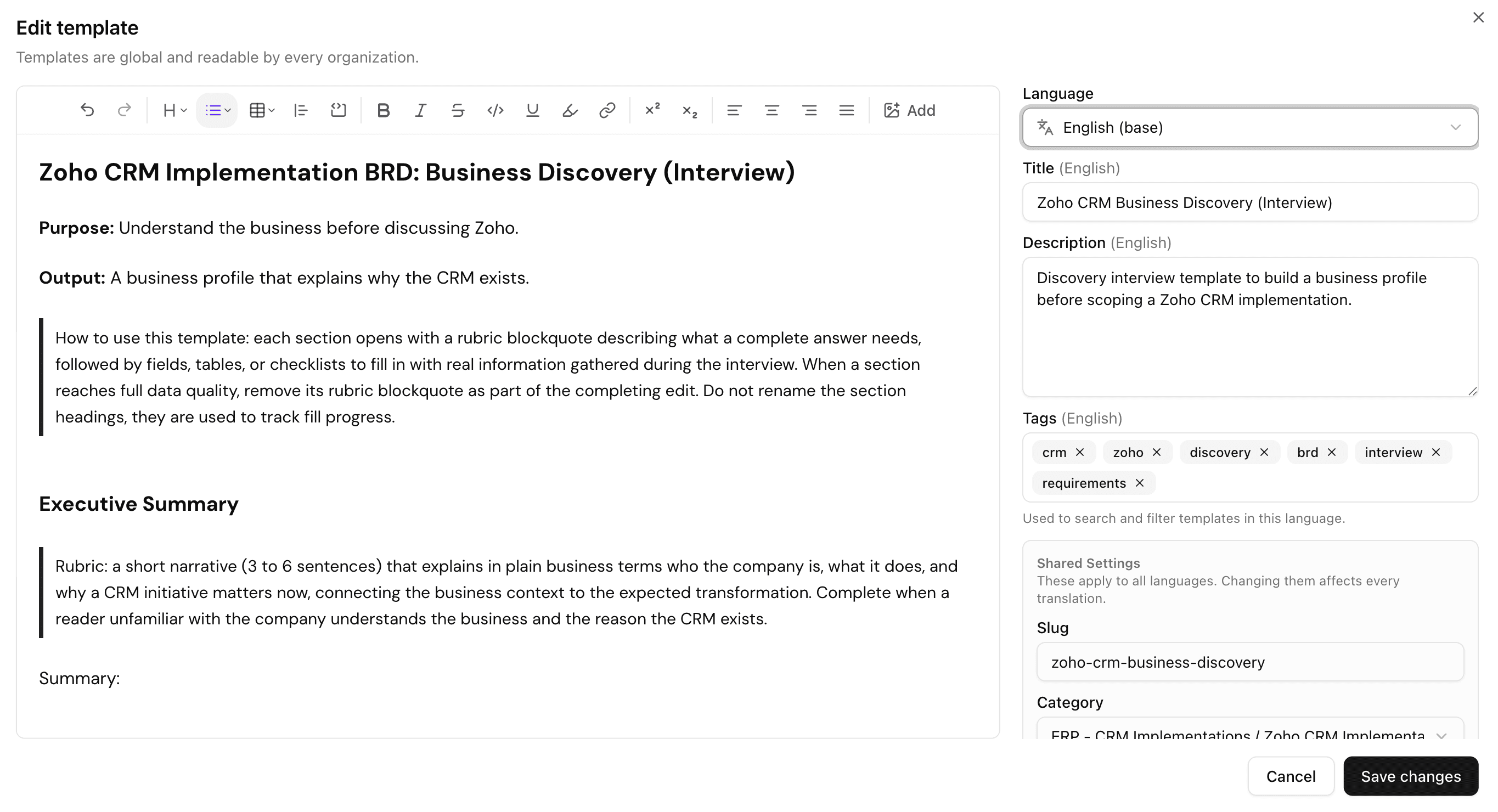 Template editor for a Zoho CRM business discovery interview, with its language, description, and tags