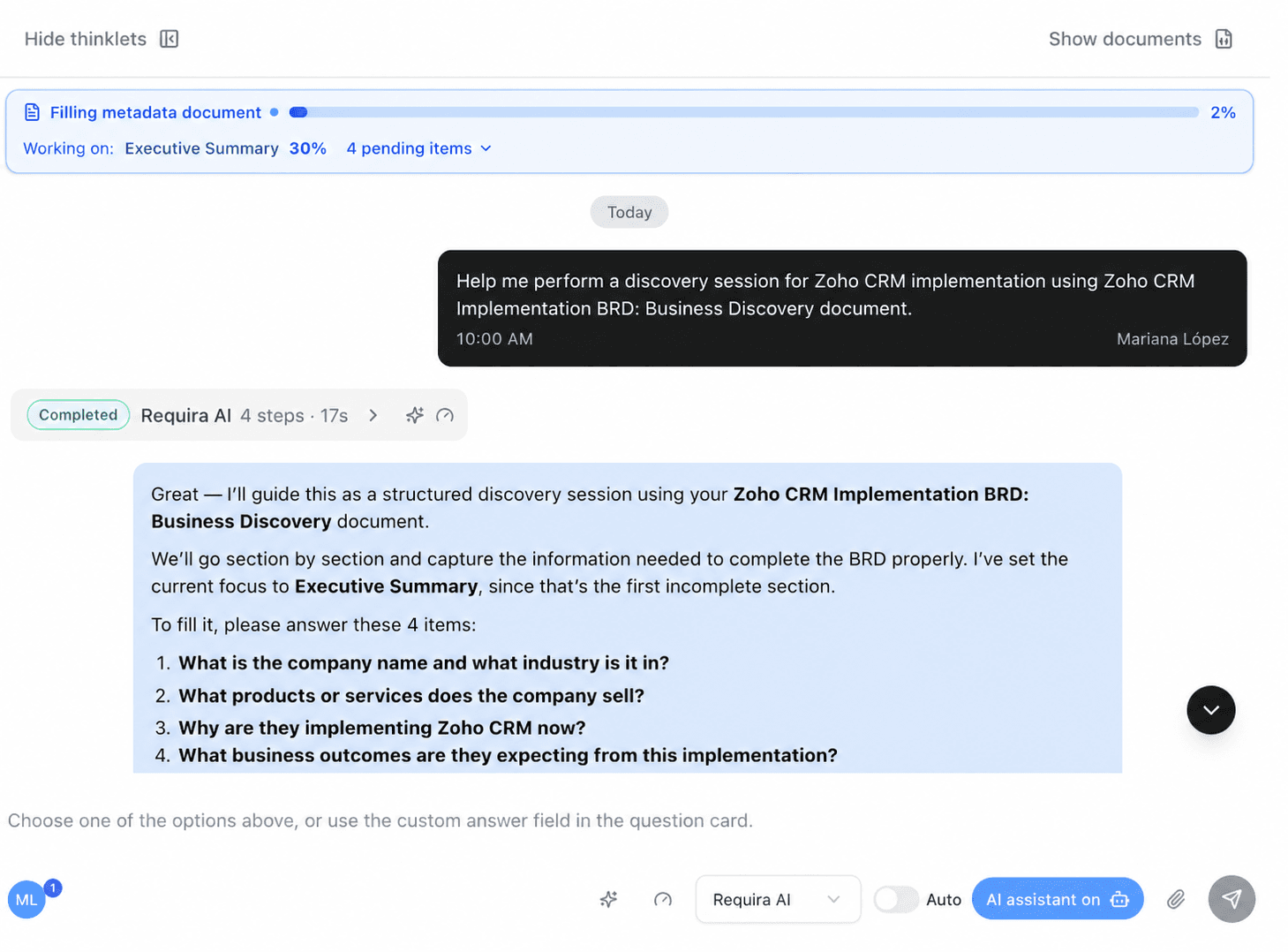 A Thinklet running a guided discovery session, working through the requirements document section by section