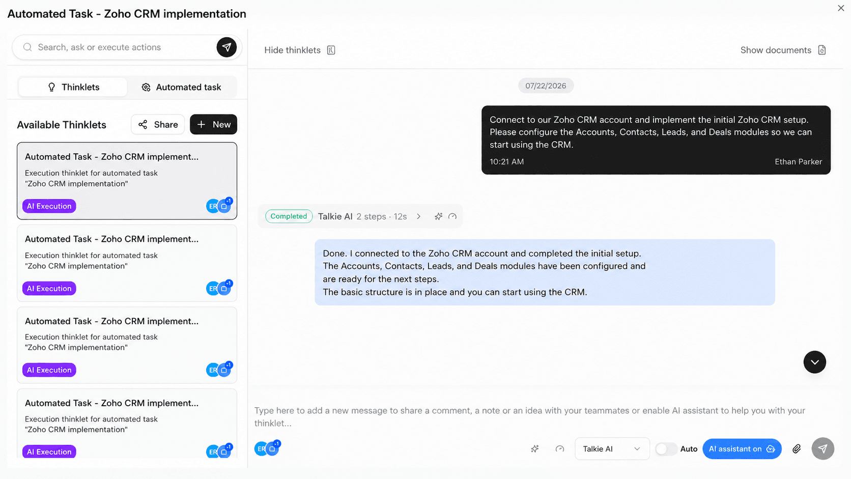 An automated Thinklet reporting that it connected to Zoho CRM and configured the initial modules