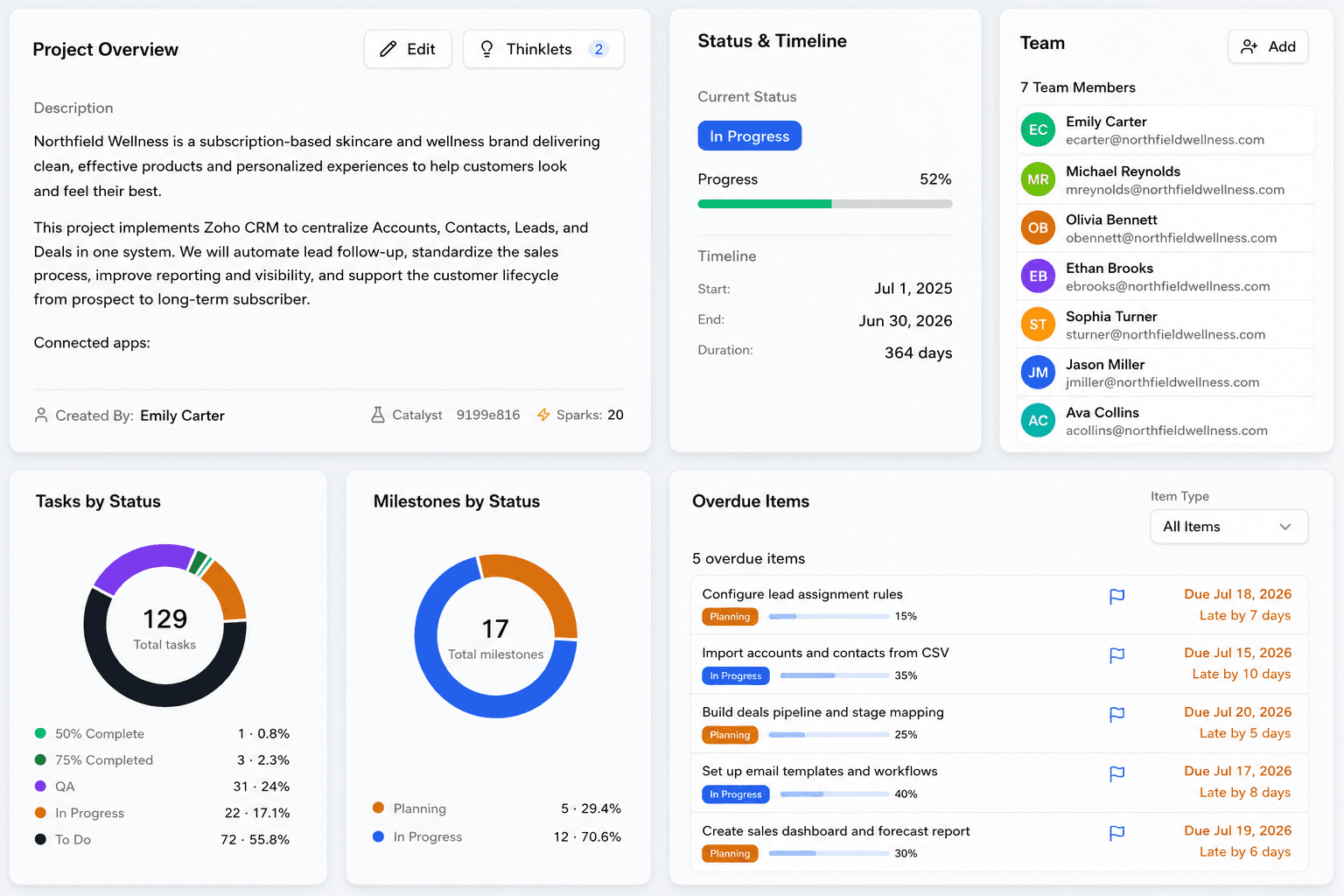 Project overview dashboard with progress, team, task and milestone breakdowns, and overdue items