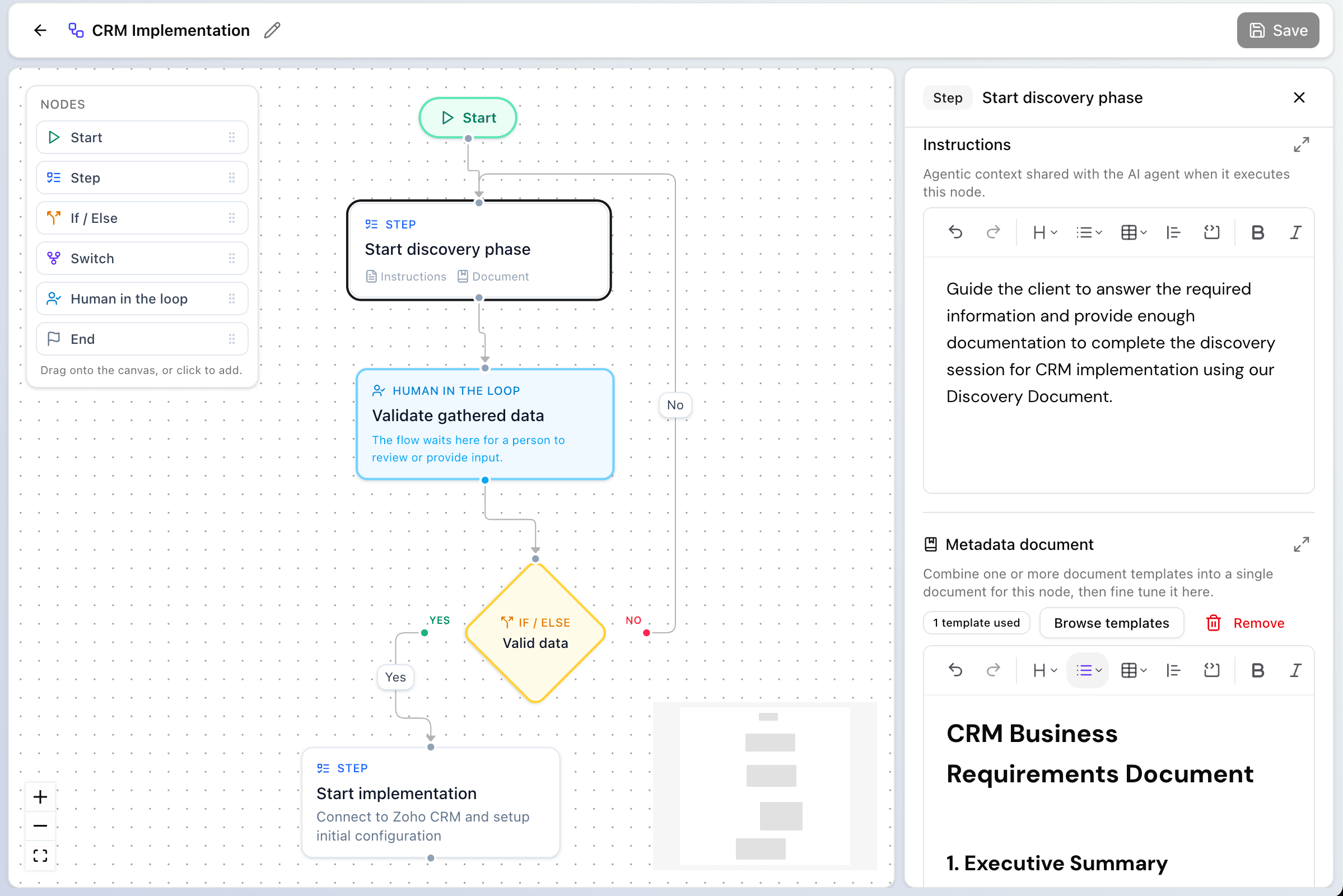 Workflow builder wiring discovery steps, a human-in-the-loop review, and conditional branches